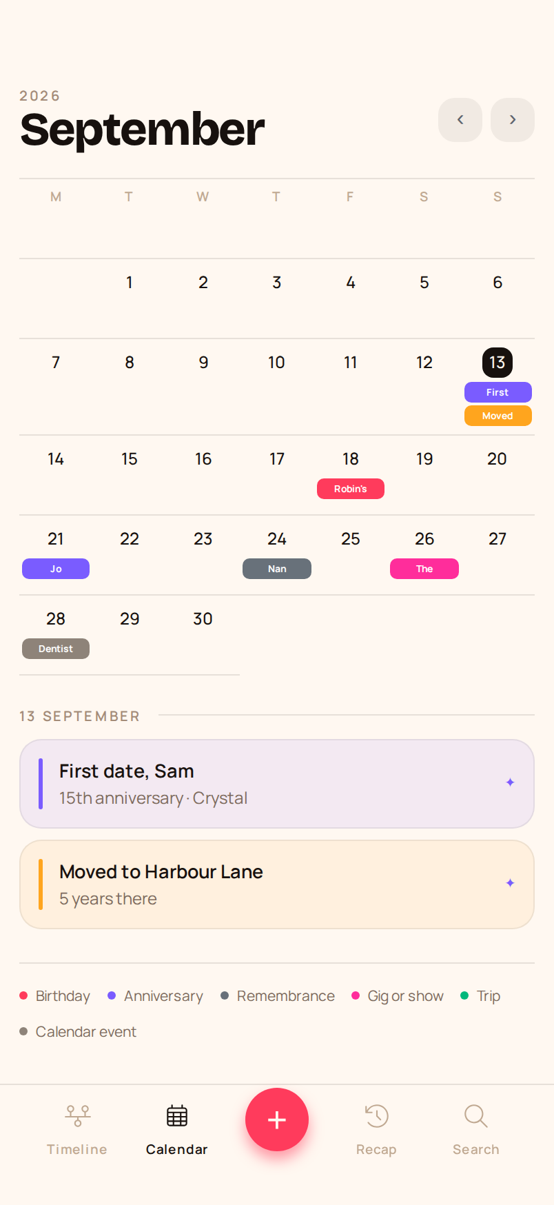 The Dear Dates calendar for September 2026. Each date is a named colour block on its day. The 13th is selected and shows First date, Sam, 15th anniversary, Crystal, and Moved to Harbour Lane, 5 years there.